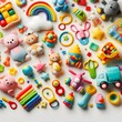 © CA - AI Generate of Assorted Kid Toys, Baby Toys, Toddler Toys, Toys. Top View. Flat Lay. White Background.
