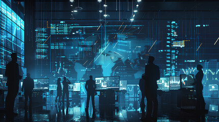 Wall Mural - futuristic technology concept. team of artificial intelligence software engineers and finance worker
