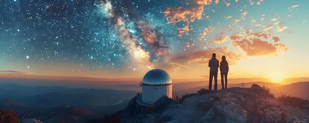 Wall Mural - researchers collaborating on celestial data analysis at an observatory overlooking a breathtaking co