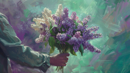 Wall Mural - A surreal oil canvas scene with a person and a bouquet of lilacs in soft green and purple hues,