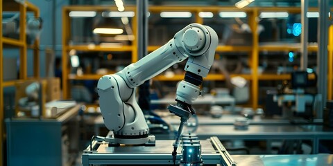 Wall Mural - A smart industrial robot arm in a digital factory demonstrates Industry 40 automation using IoT software. Concept Smart Manufacturing, Industrial Robotics, Industry 4,0, IoT Integration