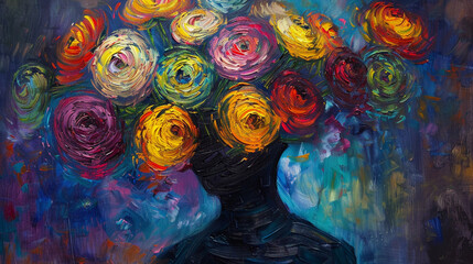 Figure with a face obscured by a bouquet of multi-colored ranunculus, vibrant and lively oil painting,