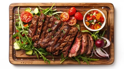 Poster - Barbecue grilled flank steak with veggie salad served on a wooden platter White background captured from above