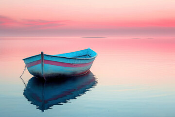 Wall Mural - Wooden boat with pink sunset beach horizon background