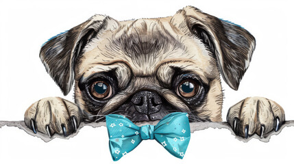 Sticker - Adorable Pug Dog with Blue Bow Tie Peeking Over Edge