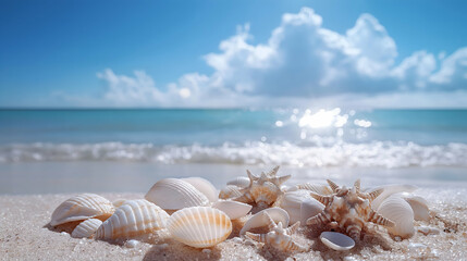 Wall Mural - seashells on the beach, with a clear blue sky