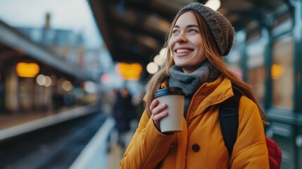 Wall Mural - A cheerful woman holding a cup of coffee, smiling as she waits for her train, filled with anticipation for her railway trip. 