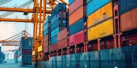 Wall Mural - A close-up of a container cargo freight ship's massive cranes lifting containers onto its deck, illustrating the scale of maritime operations.