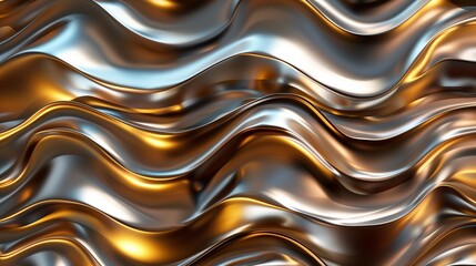 Wall Mural - A striking 3D horizontal wavy texture background with metallic waves in shades of gold and bronze, reflecting light to create a captivating visual effect,