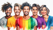 © cabado - Five happy LGTBI people group with different genders, races and hairstyles in colorful watercolor and graphic illustration style. Vibrant vivid multicolor rainbow art for celebrate pride festival.