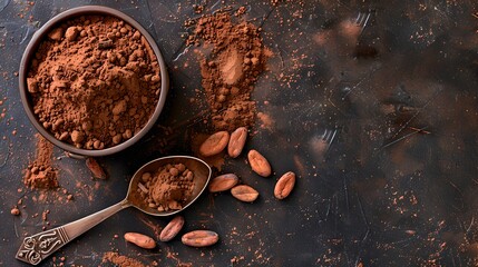 Poster - Top view of rich cocoa powder and cocoa beans. Perfect for culinary or food photography. Dark rustic style background. AI