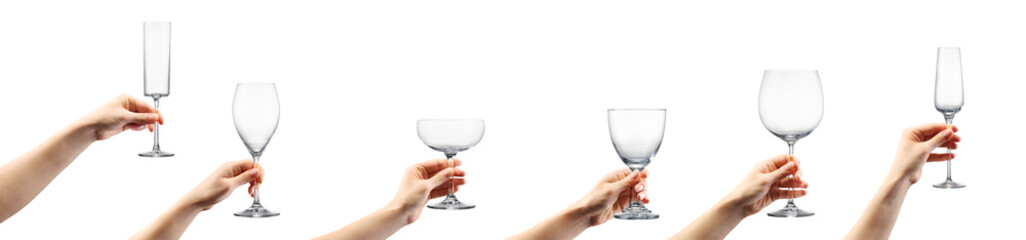 Poster - Woman hand holding empty cocktail glass isolated on white background