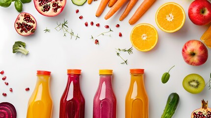 Poster - Colorful fresh juice bottles surrounded by fruits and vegetables. Vibrant colors beautifully displayed. Perfect for health and lifestyle concepts. AI