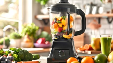 High-quality blender on kitchen counter with fresh fruits and vegetables. Modern kitchen appliance for healthy smoothies and drinks. Bright and vibrant lifestyle image. AI