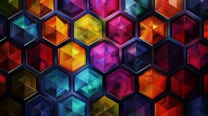 Wall Mural - An elegant abstract background featuring a symmetrical arrangement of colorful hexagons, each one displaying unique gradients and hues,