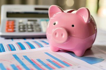 Wall Mural - A pink piggy bank sits on top of a calculator and a stack of dollar bills. Concept of saving money