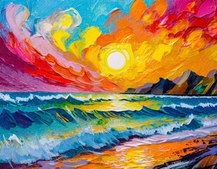 Wall Mural - Colorful sky and ocean wave abstract background. Oil painting style. Made with Generative AI.