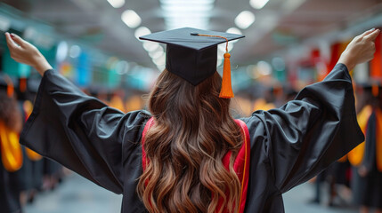 Wall Mural - Graduate cap gown, standing with arms outstretched decorated hall during graduation ceremony