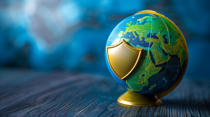 A globe with a security shield attached, symbolizing global data protection and cybersecurity.