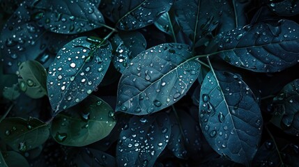 Wall Mural - Beautiful blue leaves with water drops, nature background, dark green plants texture, banner design in the style of nature Generative AI