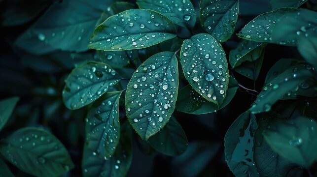 Beautiful blue leaves with water drops, nature background, dark green plants texture, banner design in the style of nature Generative AI