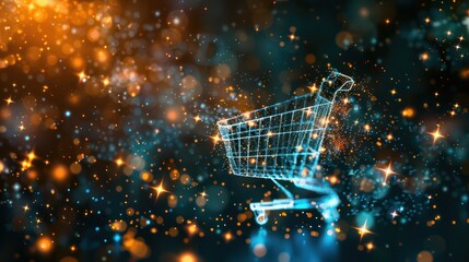 Wall Mural - An atmospheric 3D render of a glowing shopping cart icon in WEB3 colors, with digital particles and abstract shapes swirling around it, creating a dynamic background for e-commerce concepts. 