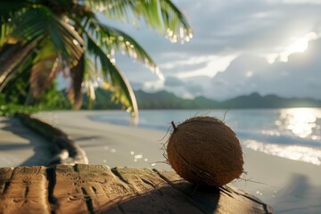 Coconut on wooden table on coast view background