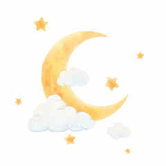 beautiful childish watercolor hand drawn illustration with cute moon with clouds and stars. kid's cl