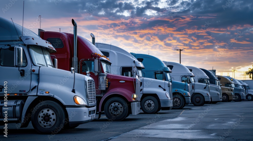 An urban portrait of a row of big rigs semi trucks with loaded semi ...