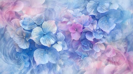 Sticker - Abstract design featuring blue and pink hydrangea flowers with a spiral watercolor effect