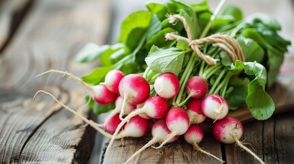 Poster - Fresh organic bunch of radishes on rustic wooden table - vibrant red radishes with green leaves perfect for healthy recipes and farm-to-table cuisine