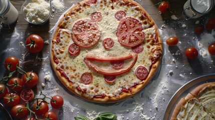 Canvas Print - Spreading happy tomato on an Italian pizza