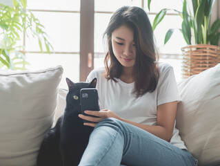 Beautiful asian woman using mobile phone, sitting and relaxing on sofa with black cat, happy life in cozy room house at day time.