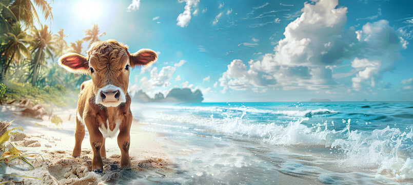 banner of little cow on the tropical beach background