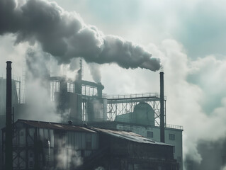 An industrial factory emitting smoke into the sky, portrait photography style.