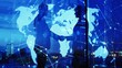 © Wimon - global connection graph chart (close up, focus on, copy space) vivid Double exposure silhouette with business handshake