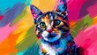 © AbsoluteAI - American Shorthair Cat in vibrant pop art style, colorful geometric background close up, whimsical, blend mode, cityscape backdrop