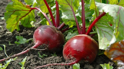 Wall Mural - Freshly harvested red beets with green tops in a lush garden setting on a sunny day