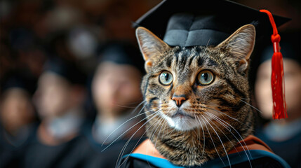 Wall Mural - Cat wearing dark graduation gown graduation hat colorful tassel, background university