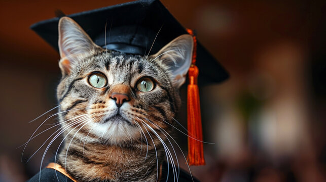 Cat wearing dark graduation gown graduation hat colorful tassel, background university