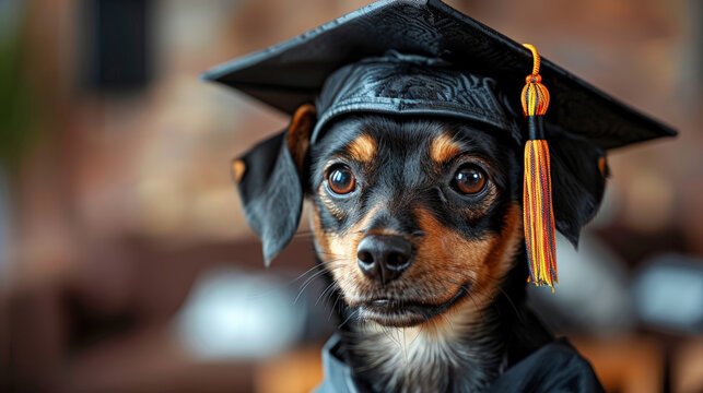 Dog pincher graduation cap gown standing outdoors looking happy. Concept education, graduate, leader
