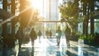 © radekcho - Blurred background of people walking in a modern office building with green trees and sunlight, eco friendly and ecological responsible business concept image with copy space.