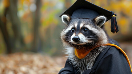 Wall Mural - Raccoon graduation cap gown standing outdoors looking happy. Concept education, graduate, leader