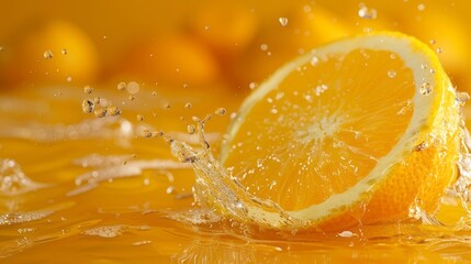 Freshly sliced orange piece falling onto vibrant orange background with splash of juice, refreshing citrus concept with copy space for text, high quality image for food and beverage advertising