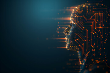 Poster - Digital Human Profile with Glowing Circuit Board Brain on Dark Background