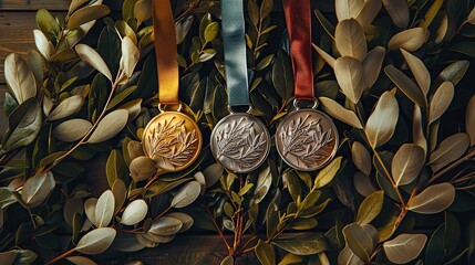 Olympic medals on laurel branches