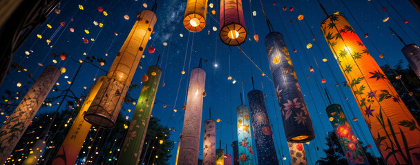 Wall Mural - Japanese tanabata festival at night. Asian lanterns. The Milky Way. A celebration of the arts. The tradition of making wishes