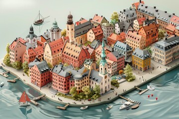 A charming isometric 3D depiction of Oslo's iconic landmarks and vibe, centered against a vibrant fuchsia backdrop