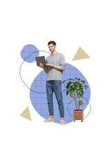 Poster - Vertical collage image of positive intelligent guy hold use netbook networking houseplant isolated on drawing creative background