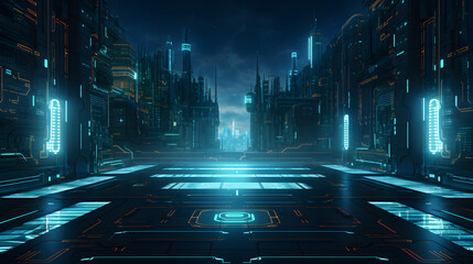 Wall Mural - digital green and blue cyberpunk city graphics poster background
